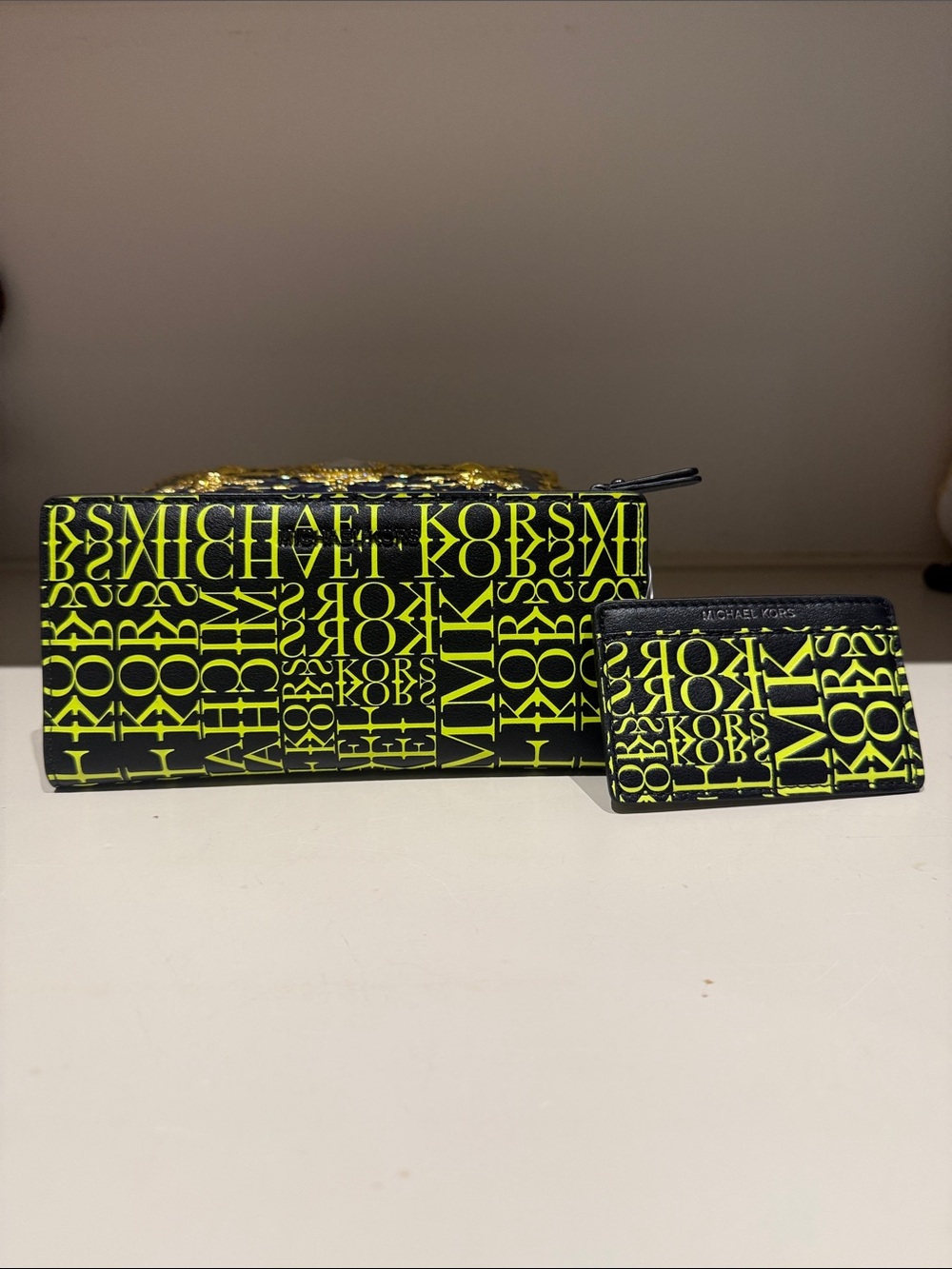 Michael Kors Black and Neon Yellow Logo Wallet & Card Case